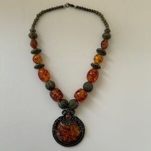 Amber and Brown Filigree Pendant Necklace